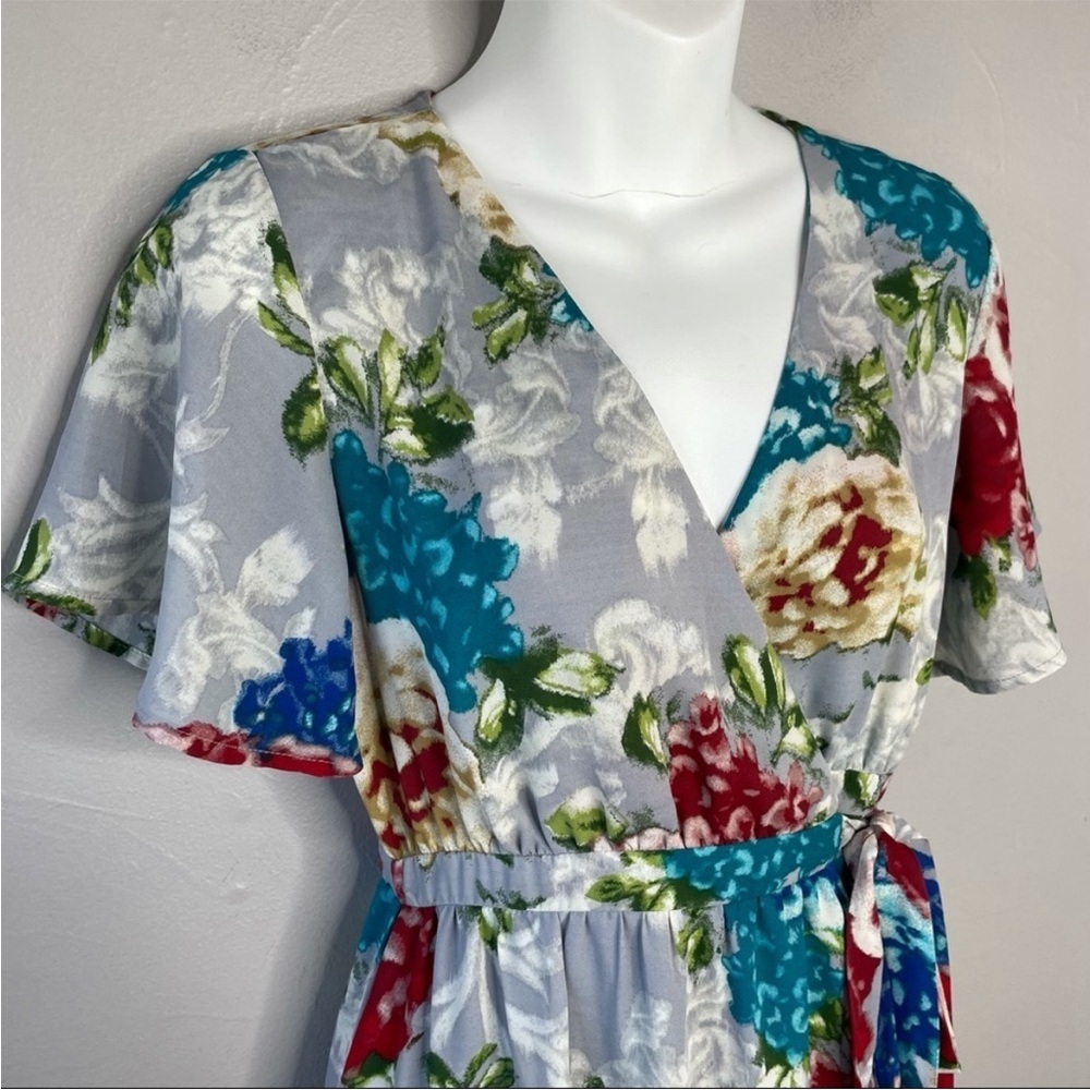 JUNE & HUDSON Blue Floral Wrap Front High Low Midi Long Dress Size Small - Picture 4 of 9